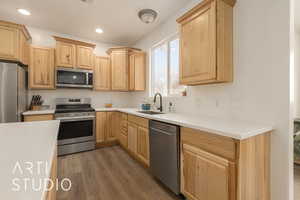 Kitchen with appliances with stainless steel finishes, light brown cabinets, dark wood-type flooring, and sink