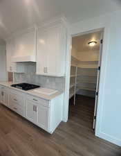 Kitchen featuring white cabinets, decorative backsplash, dark hardwood / wood-style flooring, and premium range hood