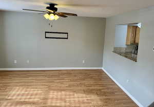 Spare room with a textured ceiling, light hardwood / wood-style flooring, ceiling fan, and sink