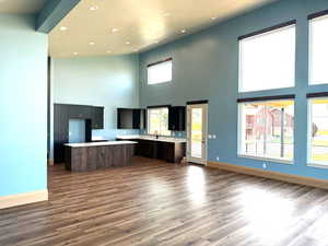 Kitchen featuring a towering ceiling, a kitchen island, dark hardwood / wood-style floors, and sink