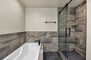 Full bath in primary suite 2 featuring a stall shower, a bath, and dark tile patterned floors