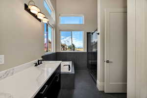 Primary Full bathroom featuring a stall shower, vanity, a garden tub, and dark tile patterned flooring
