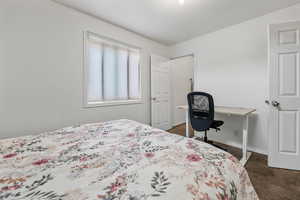 Bedroom with dark carpet