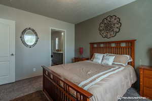 Carpeted bedroom featuring a textured ceiling and ensuite bath