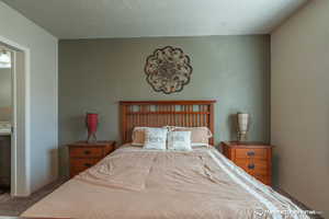 Bedroom featuring carpet and a textured ceiling