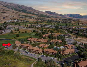 Aerial view at dusk with a mountain view