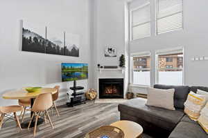 Living room featuring hardwood / wood-style floors and a baseboard heating unit