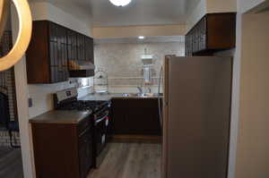 Kitchen with light wood-style flooring, appliances with stainless steel finishes, dark brown cabinets, under cabinet range hood, and a sink