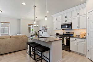 Kitchen featuring open floor plan, stainless steel appliances, light wood-type flooring, and a sink
