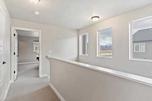 Hallway with baseboards, an upstairs landing, and carpet
