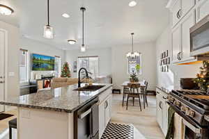 Kitchen featuring white cabinetry, sink, hanging light fixtures, an island with sink, and appliances with stainless steel finishes