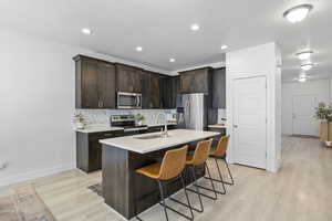 Kitchen with sink, an island with sink, stainless steel appliances, and light wood-type flooring