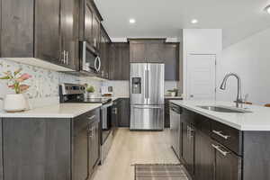 Kitchen featuring appliances with stainless steel finishes, light wood-type flooring, tasteful backsplash, a kitchen island with sink, and sink