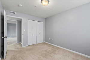 3rd bedroom with a closet, light colored carpet and natural light