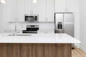 Kitchen featuring white cabinets, stainless steel appliances, and sink