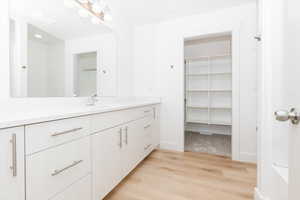 Bathroom with vanity and wood-type flooring