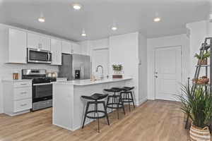 Kitchen with a breakfast bar, kitchen peninsula, light hardwood / wood-style flooring, appliances with stainless steel finishes, and white cabinetry