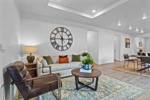 Living room featuring a raised ceiling and wood-type flooring