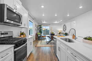 Kitchen featuring white cabinets, stainless steel appliances, dark wood-type flooring, and sink