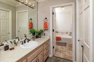 Bathroom featuring a bathtub, crown molding, and vanity