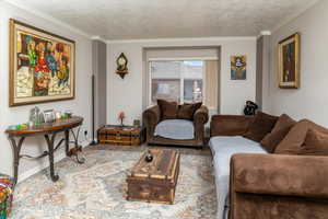 Living room with hardwood / wood-style floors, a textured ceiling, and crown molding