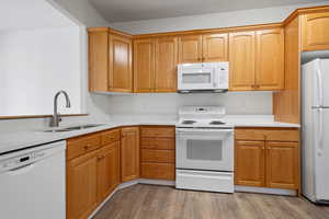 Kitchen featuring white appliances, light hardwood / wood-style flooring, and sink