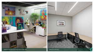 Office area featuring carpet flooring and a drop ceiling