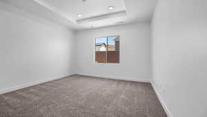 Unfurnished room featuring carpet floors and a tray ceiling