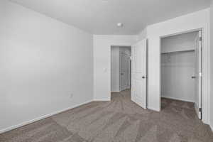 Unfurnished bedroom with carpet flooring and a closet