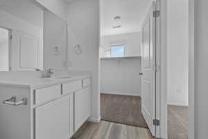 Bathroom featuring vanity, a textured ceiling, and hardwood / wood-style flooring