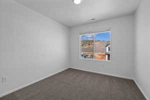 Carpeted spare room with a textured ceiling