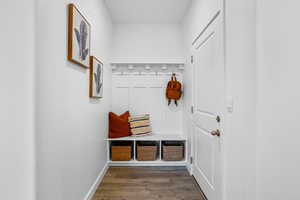 Mudroom with dark wood-type flooring