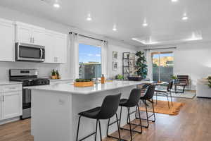 Kitchen featuring stainless steel appliances, a tray ceiling, a kitchen island with sink, hardwood / wood-style flooring, and white cabinets