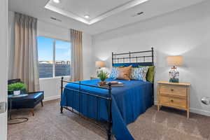 Carpeted bedroom with a tray ceiling