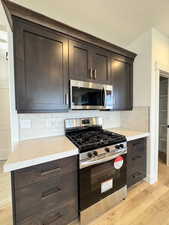 Kitchen with decorative backsplash, light hardwood / wood-style flooring, stainless steel appliances, and dark brown cabinets