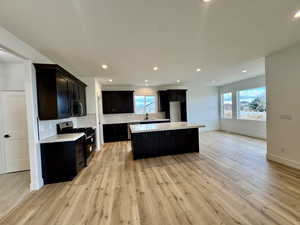 Kitchen with sink, tasteful backsplash, light hardwood / wood-style flooring, a kitchen island, and appliances with stainless steel finishes