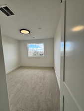 Carpeted empty room featuring a textured ceiling