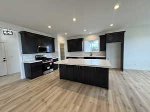 Kitchen with a kitchen island, light wood-type flooring, backsplash, and appliances with stainless steel finishes