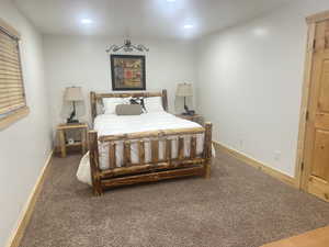 Bedroom with dark carpet