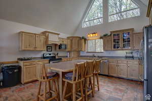 Kitchen with appliances with stainless steel finishes, a kitchen breakfast bar, high vaulted ceiling, a kitchen island, and plenty of natural light