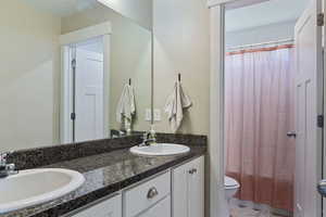 Bathroom with vanity, toilet, and walk in shower