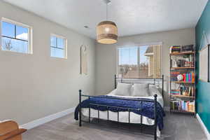 Carpeted bedroom featuring a textured ceiling and multiple windows