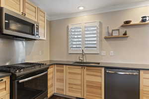 Kitchen featuring light brown cabinets, stainless steel appliances, ornamental molding, and sink