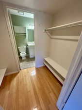 Bathroom with vanity, wood-type flooring, and toilet