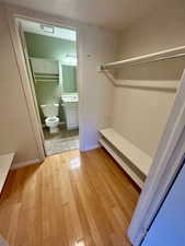 Bathroom featuring vanity, hardwood / wood-style flooring, and toilet