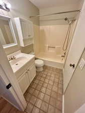 Full bathroom with vanity, bathing tub / shower combination, and toilet