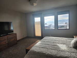 Carpeted master bedroom, featuring a mountain view