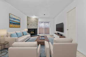 Living room featuring a fireplace