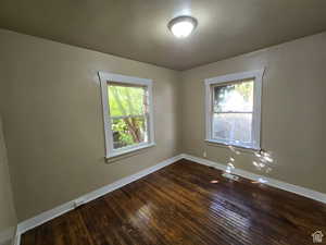 Spare room featuring plenty of natural light and dark wood-type flooring