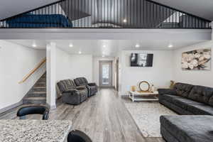 Living room featuring 10' ceilings.